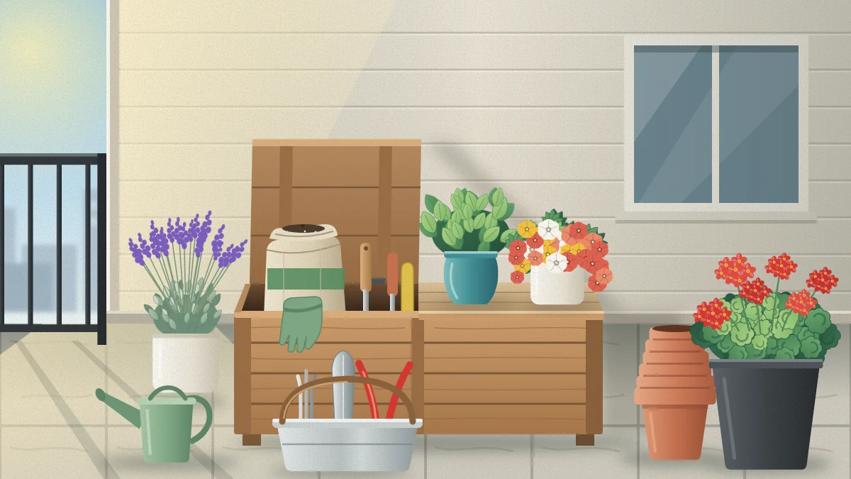 A tidy balcony corner with an open wooden storage bench holding potting mix and hand tools, nested terracotta pots, a watering can and potted plants.