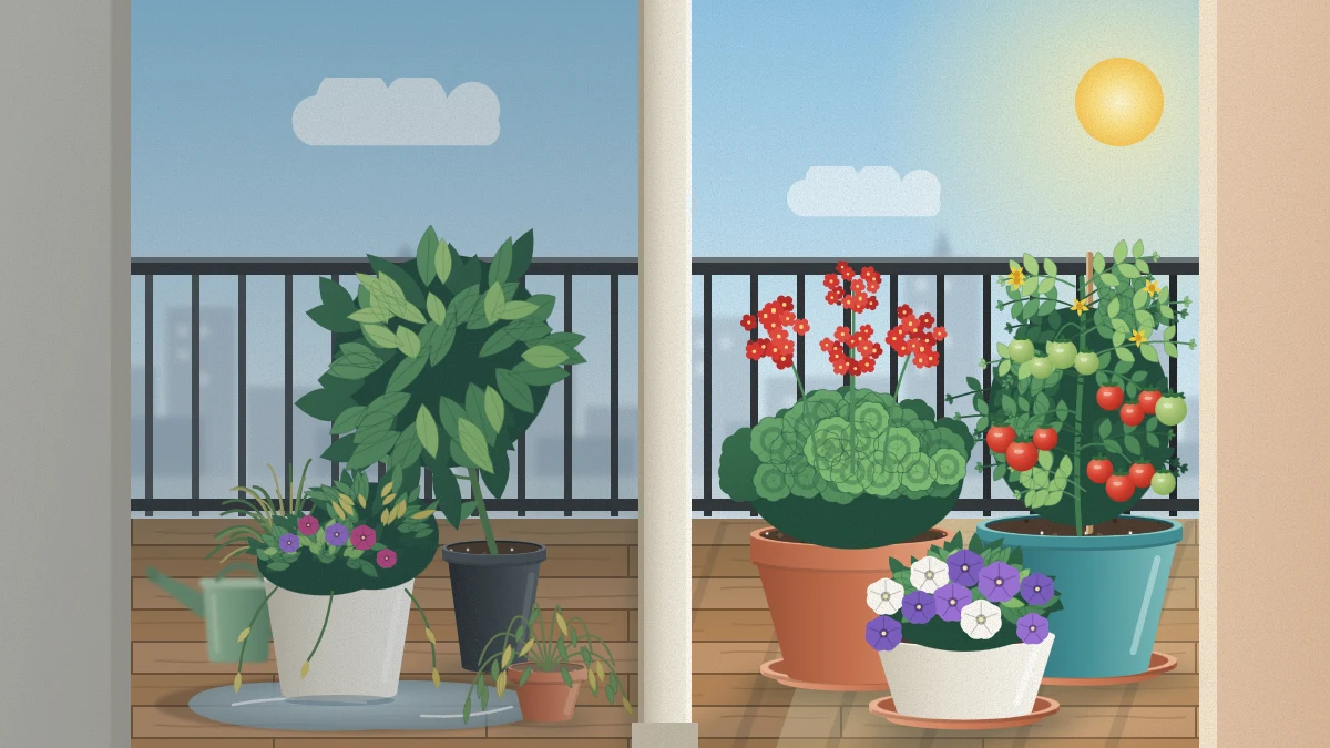 Two balcony corners side by side: a cramped corner with a wilted plant in a tiny pot, a leaning tall plant and a puddle, and a tidy corner with healthy plants in generous pots on saucers
