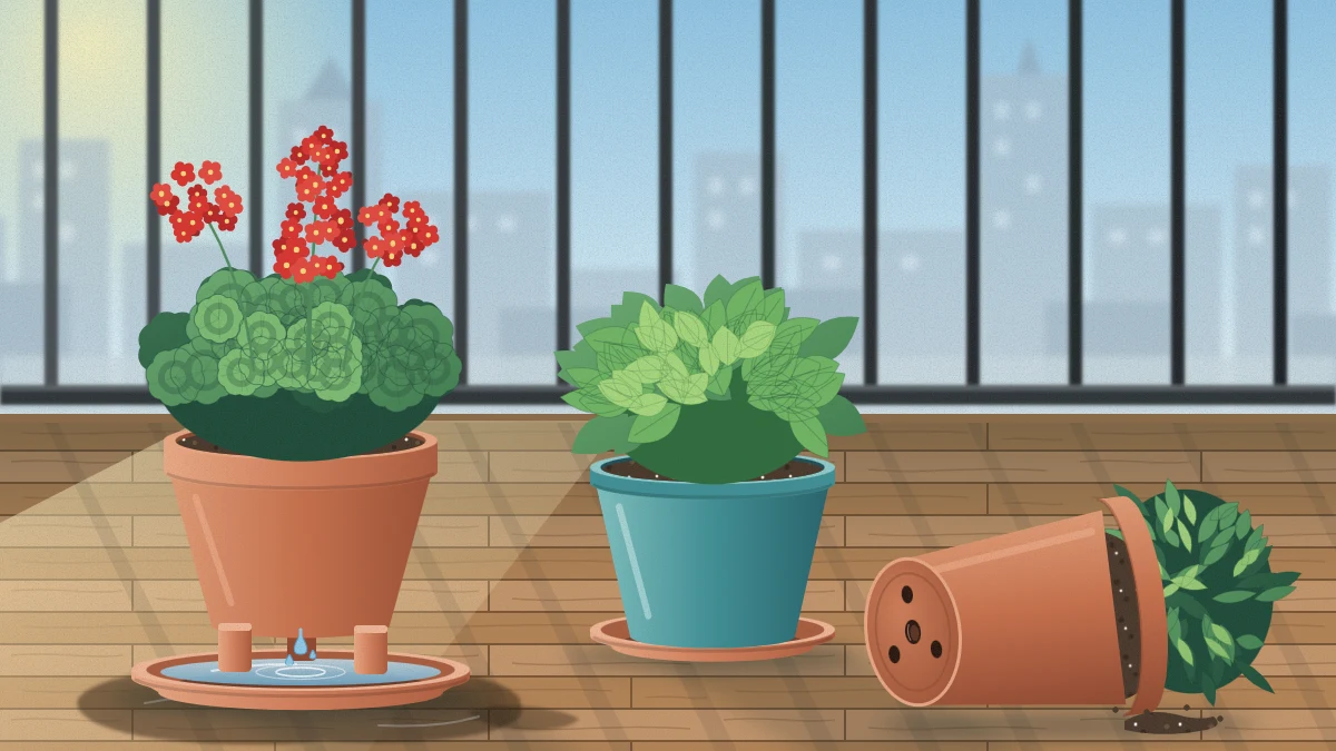 Three planted pots on a balcony floor: one on pot feet dripping into a saucer, one in a saucer, one tilted to show drainage holes.