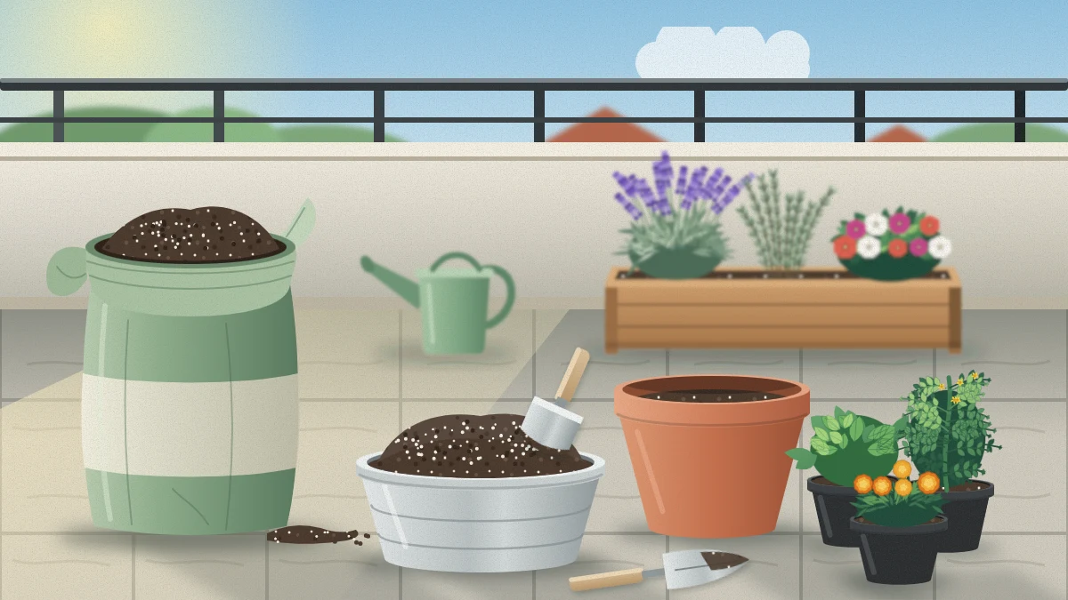 An open bag of dark potting mix on a balcony floor with a trowel, a tub of moistened mix, a half-filled terracotta pot and young plants.