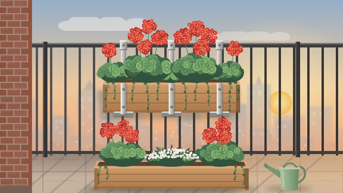 A rectangular planter of red geraniums and trailing ivy held on the inner side of a dark metal balcony railing, with a matching trough on the floor.